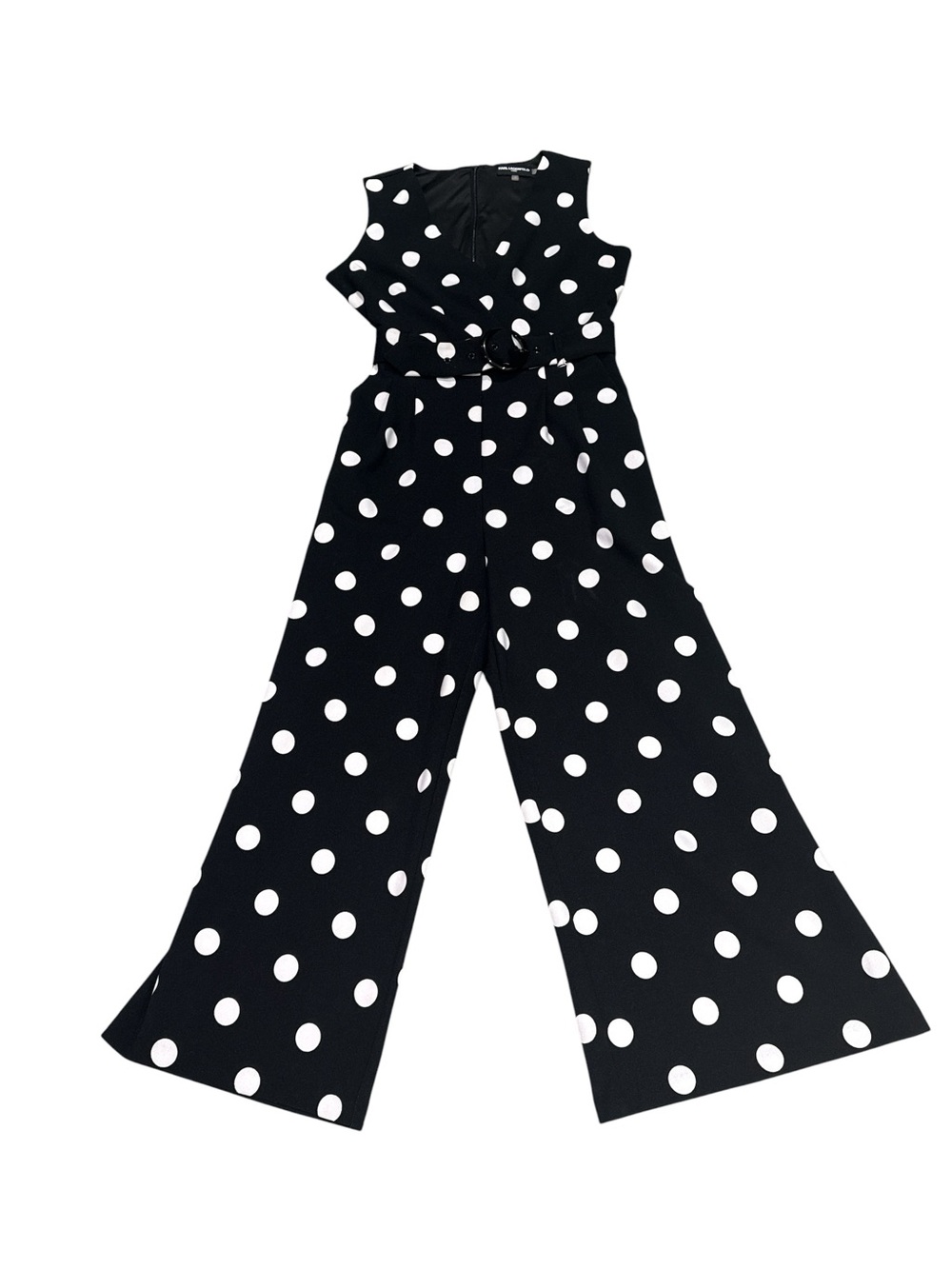Karl Lagerfeld Sleeveless Black & White Polka Dot Wide-Leg Jumpsuit